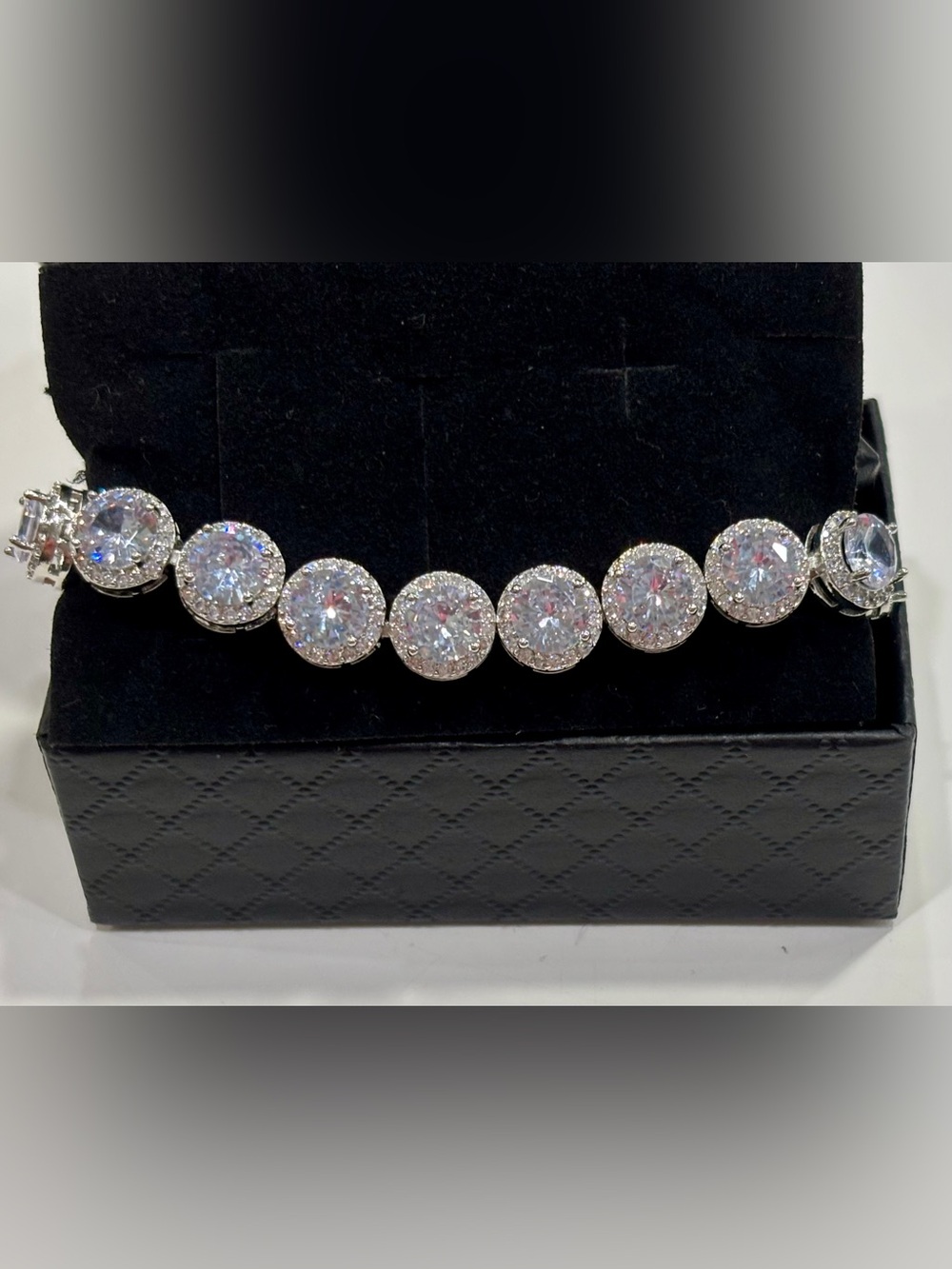 Brilliant Moissanite 8mm Rd. Stones Halo Tennis Bracelet in 925 Sterling Silver